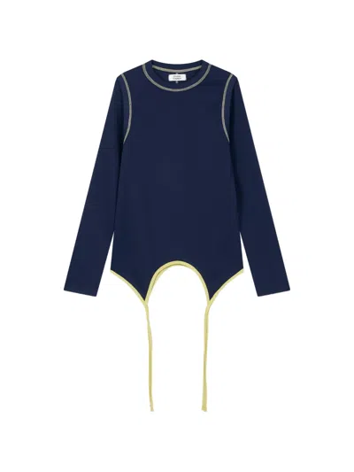Tomboy Ribbed Contrast-stitch Long-sleeve Cotton T-shirt In Blue