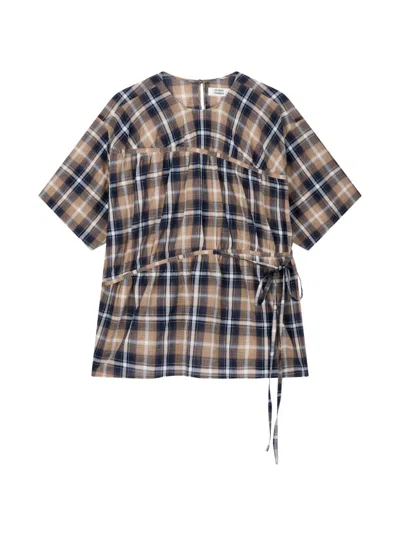 Tomboy Shirred Checkered Blouse In Brown