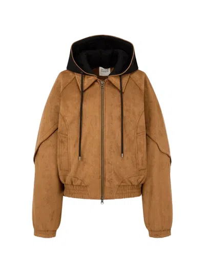 Tomboy Suede-effect Detachable-hood Jacket In Brown