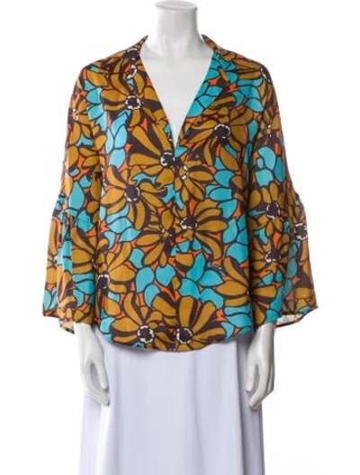 Pre-owned Tome Printed V-neck Blouse In Blue