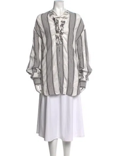 Pre-owned Tome Striped Tie Neck Blouse In Grey/white