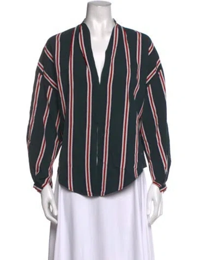 Pre-owned Tome Striped V-neck Blouse In Green