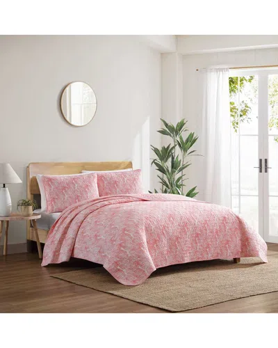 Tommy Bahama 136 Thread Count Distressed Water Leaves Cotton Reversible Quilt Set In Pink