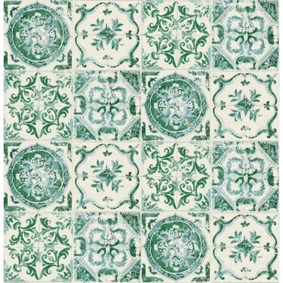 Tommy Bahama Azulejos Tile Peel And Stick Wallpaper Roll 20.5" W X 18' L In Green