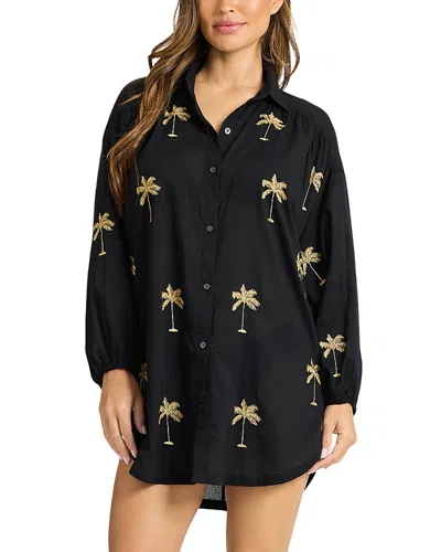 Tommy Bahama Catalina Coat Pineapple Embroidered Cover-up In Black