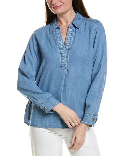 Tommy Bahama Chambray O'lei Embroidered Linen-blend Popover Top In Blue