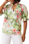 TOMMY BAHAMA DAYBREAK HIBISCUS EMBROIDERY LINEN TOP