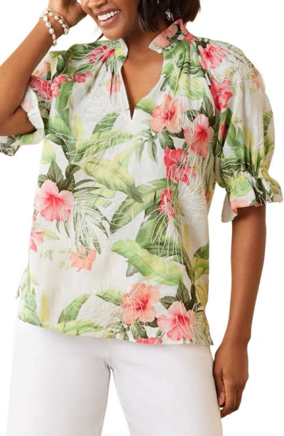 Tommy Bahama Daybreak Hibiscus Linen Top In White