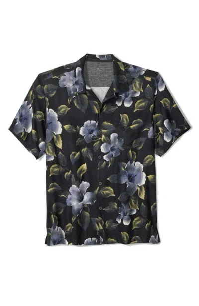 Tommy Bahama Elegant Eclipse Floral Slub Silk Camp Shirt In Black