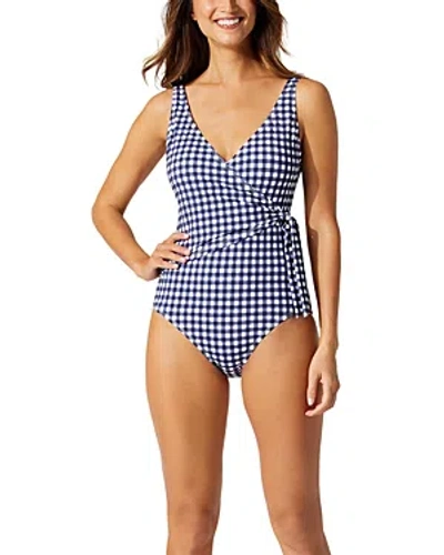 Tommy Bahama Gingham Wrap Front One Piece Swimsuit In Mare Navy
