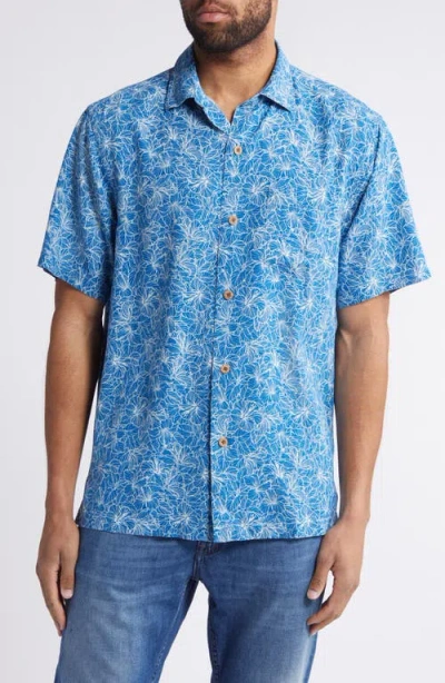 Tommy Bahama Hight Tide Hibiscus Print Short Sleeve Silk Button-up Shirt In Blue