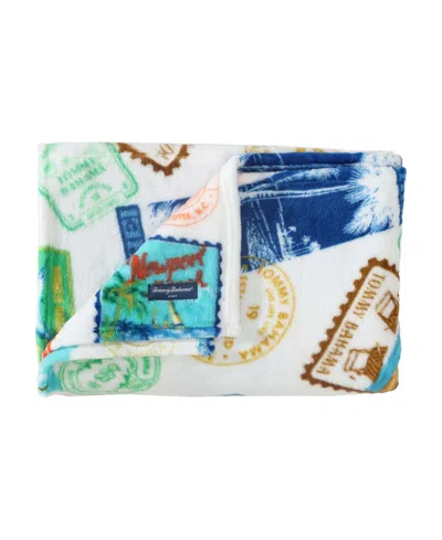 Tommy Bahama Home Ultra Soft Plush Fleece Throw, 70" X 50" In White,aqua Blue