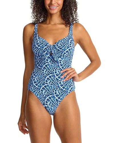 Tommy Bahama Island Cays Shell Cove Tie Front One-piece Swimsuit In Blue