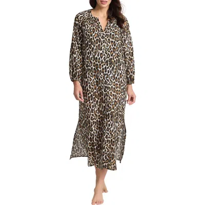 Tommy Bahama Leopard Long Sleeve Cotton Cover-up Midi Dress In Black/brown