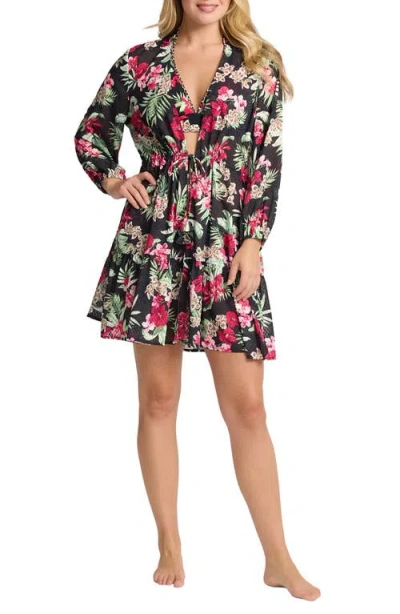 Tommy Bahama Lily Cat Open Front Cover-up Tunic In Black