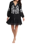Tommy Bahama Long Sleeve Embroidered Linen Gauze Cover-up Dress In Black