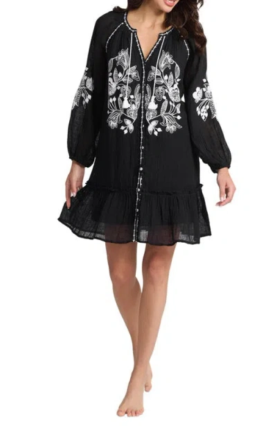 Tommy Bahama Long Sleeve Embroidered Linen Gauze Cover-up Dress In Black