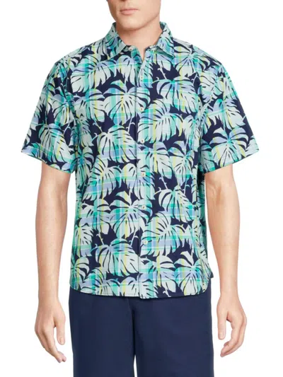 Tommy Bahama Men's Plaid Over Paradise Leaf Print Shirt In Coastline