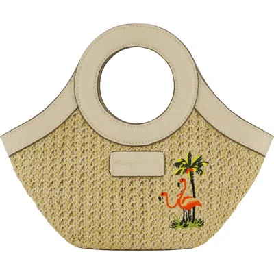 Tommy Bahama Mini Flamingo Embroidered Woven Tote Bag In White
