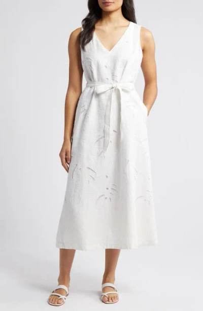 Tommy Bahama Monstera Linen Eyelet Midi Dress In White