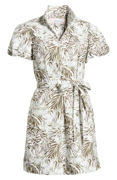 Tommy Bahama Monstera Mirage Puff Sleeve Stretch Cotton Shirtdress In Tea Leaf