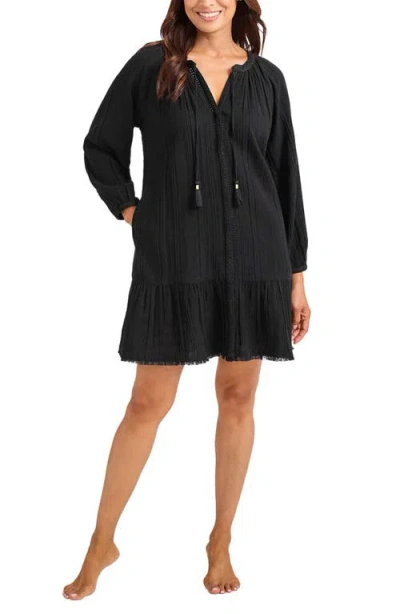 Tommy Bahama Mykonos Textured Split Neck Cover-up Cotton Dress In Black