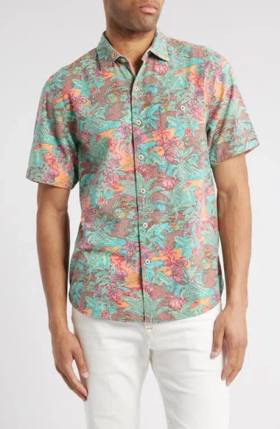 Tommy Bahama Nova Wave Retro Vibes Floral Short Sleeve Cotton Seersucker Button-up Shirt In Dark Terra Cotta