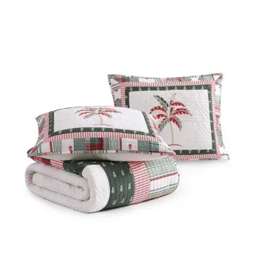 Tommy Bahama Palm Tree Patchwork Green Cotton Reversible Quilt Set In Green;red