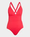 Tommy Bahama Pearl Novelty V-neck One-piece Swimsuit In Red Hibiscus