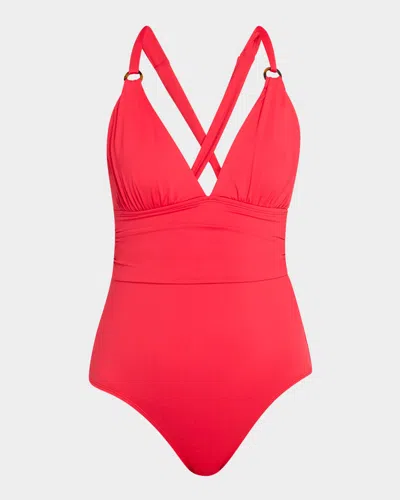 Tommy Bahama Pearl Novelty V-neck One-piece Swimsuit In Red Hibiscus