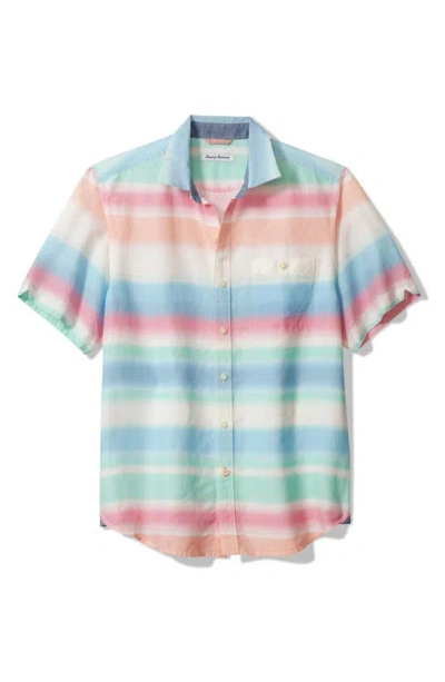 Tommy Bahama Sand Hazy Tides Stripe Short Sleeve Linen Blend Button-up Shirt In Horizon Blue