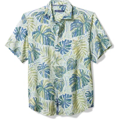 Tommy Bahama Sand Monstera Print Short Sleeve Linen Blend Button-up Shirt In Blue