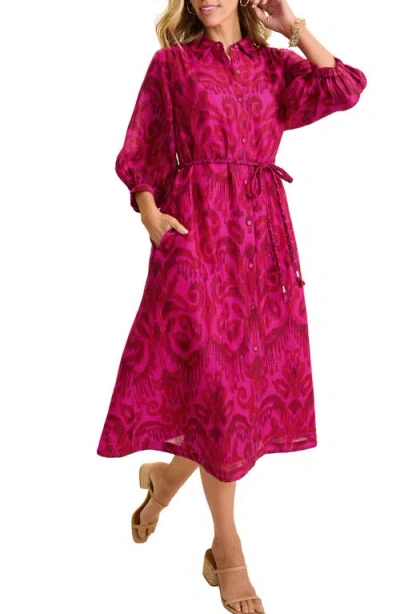 Tommy Bahama Seaside Ikat Long Sleeve Midi Shirtdress In Pink Papaya