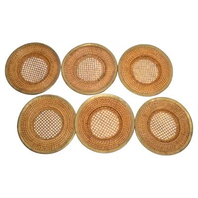Pre-owned Tommy Bahama Set 6 Vintage Rattan Wicker Cane Brass Handwoven Place Sets Dinner Plates Boho In Brown
