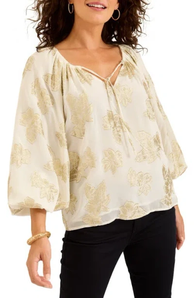 Tommy Bahama Shimmering Shores Metallic Leaf Print Split Neck Top In Coconut