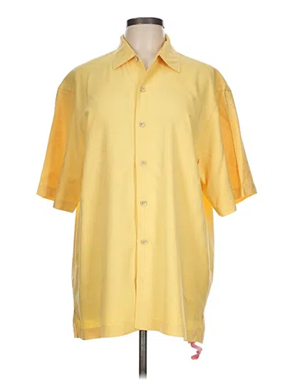 Pre-owned Tommy Bahama Short Sleeve Silk Top Yellow Color Block Pattern Collared Neckline Tops