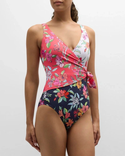 Tommy Bahama Summer Floral Wrap-front One-piece Swimsuit In Coral Coast