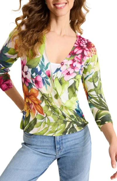 Tommy Bahama Verde Blooms Addison Linen Blend Convertible Wrap Cardigan In White