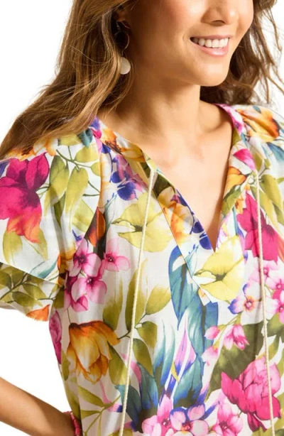 Tommy Bahama Verde Blooms Cotton & Silk Flutter Sleeve Top In Vanilla Ice