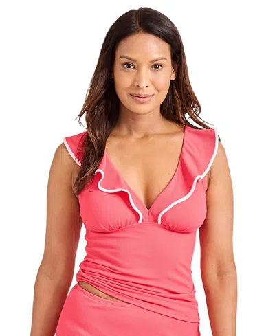 Tommy Bahama Women's Cabana Ruffled Tummy-control Tankini Top In Coral Coast