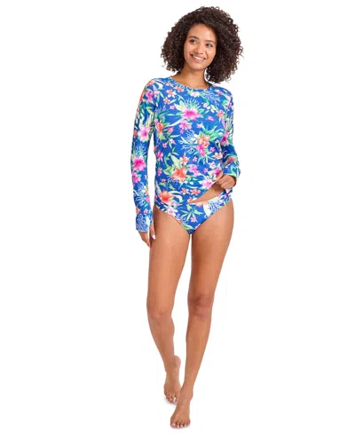Tommy Bahama Women's Floral-print Long-sleeve Rash Guard In Palace Blue