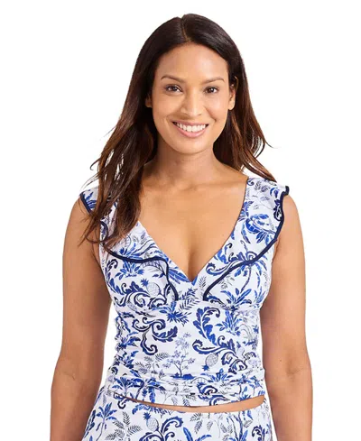 Tommy Bahama Women's Printed Ruffle V-neck Tankini In Mountain Bluebell