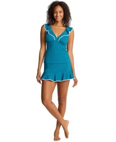 Tommy Bahama Womens Cabana Ruffled Tummy Control Tankini Top Swim Skirt In Blue