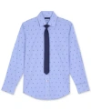 Tommy Hilfiger Kids' H Print Stretch Dress Shirt With Tie In Blue