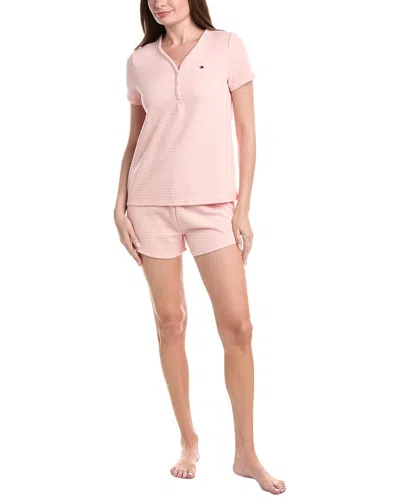 Tommy Hilfiger 2pc Jacquard Missy Henley Shirt & Short Set In Pink