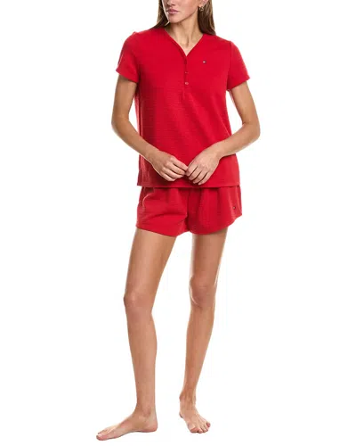 Tommy Hilfiger 2pc Jacquard Missy Henley Shirt & Short Set In Red