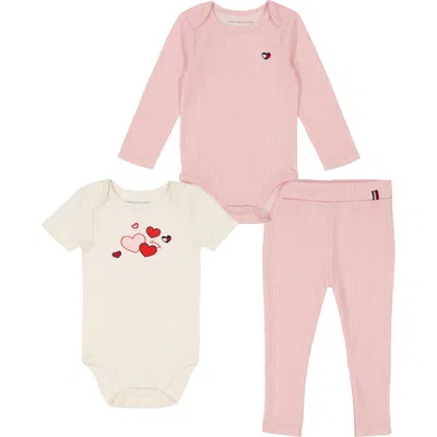 Tommy Hilfiger Baby Girl 2-pack Ribbed Logo Bodysuits And Legging 3-piece Set In Egret,cinder Rose