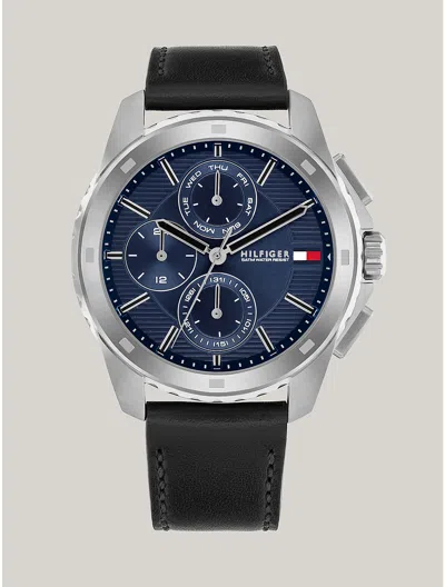 Tommy Hilfiger 44mm Multifunction Black Leather Watch In Blue
