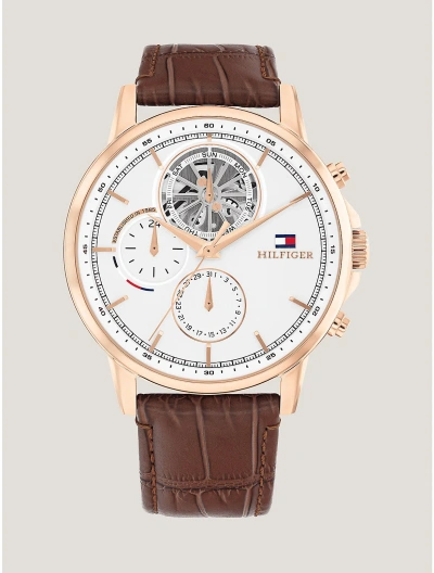 Tommy Hilfiger Dress Watch With Brown Leather Strap In White