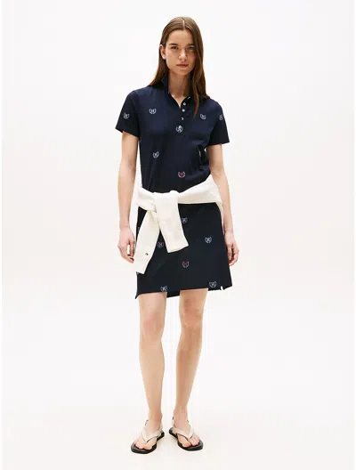 Tommy Hilfiger Allover Crest Stretch Polo Dress In Blue